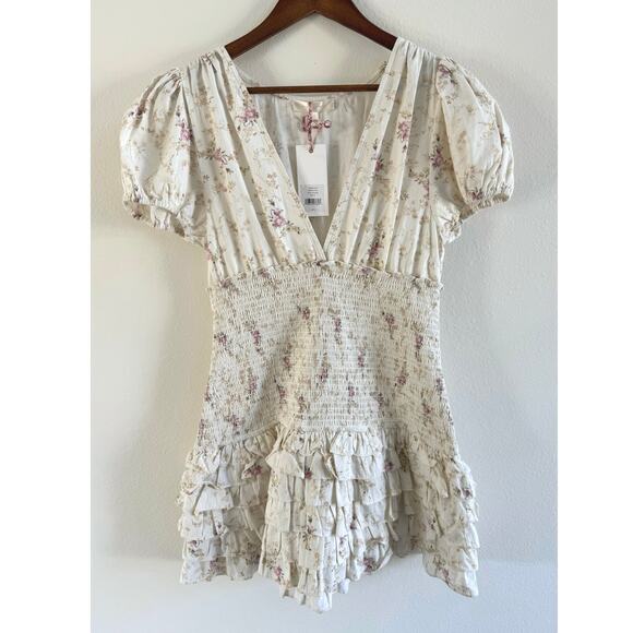 LoveShackFancy NWT Radia Smocked Cotton Cream Pink Floral Mini Dress size Large - Picture 4 of 16
